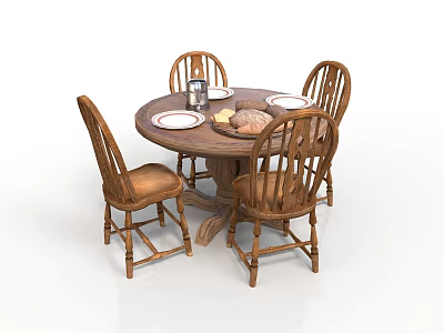 Classic Wooden Dining Table With Four Chairs And Tableware On Top 3d model