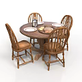 Classic Wooden Dining Table With Four Chairs And Tableware On Top 3d model