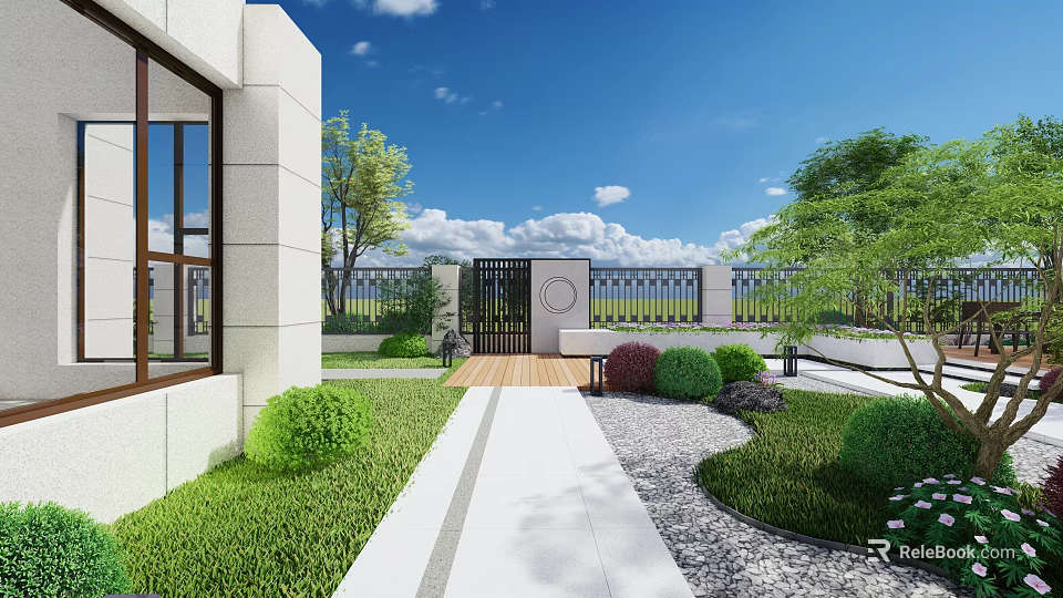 Modern Garden with Stone Pathway Green Lawn Shrubs Trees Wrought Iron Gate and Blue Sky 3d model 