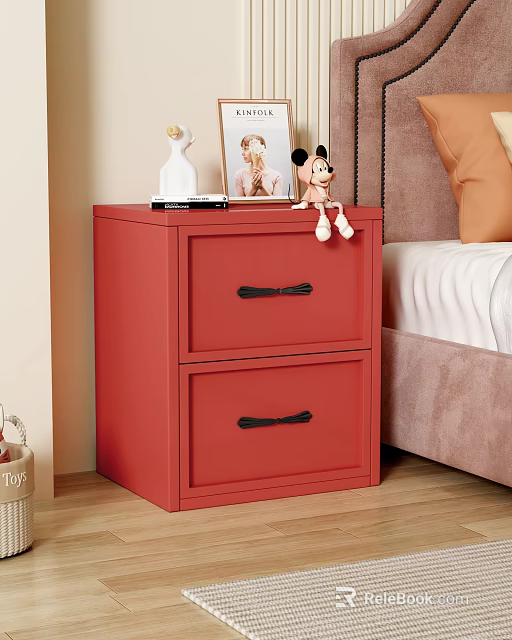 Red Storage Cabinet With Two Drawers Black Handles In Bedroom Setting With Decorative Items 3d model 