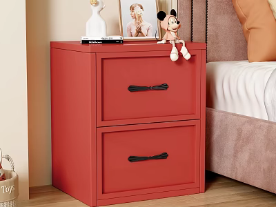 Red Storage Cabinet With Two Drawers Black Handles In Bedroom Setting With Decorative Items 3d model
