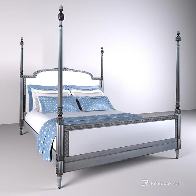 Modern Double Bed With Four Poster Metal Frame And Blue Bedding Design 3d model 