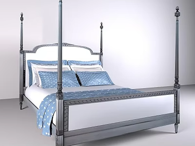 Modern Double Bed With Four Poster Metal Frame And Blue Bedding Design 3d model