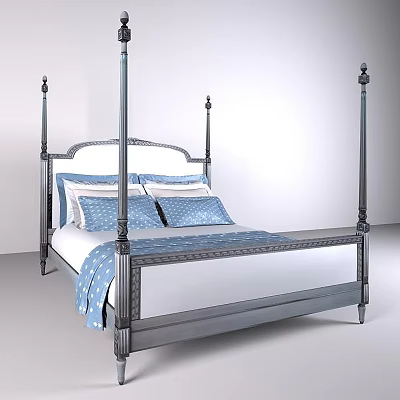 Modern Double Bed With Four Poster Metal Frame And Blue Bedding Design 3d model