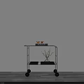 Minimalist Space with White Wall Gray Floor Metal Cart Wine Glasses Books and Green Plant