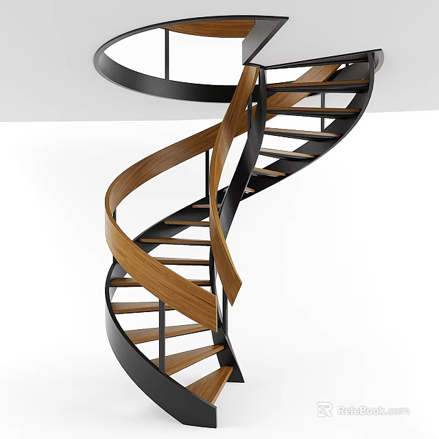 Modern Spiral Staircase Interior With Wooden Steps And Black Metal Railings 3d model 