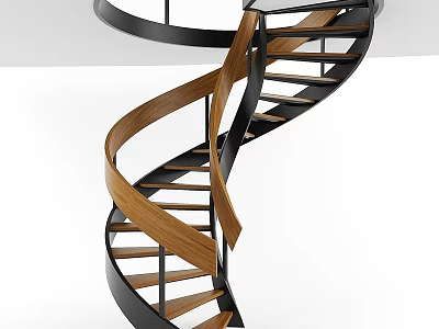 Modern Spiral Staircase Interior With Wooden Steps And Black Metal Railings 3d model