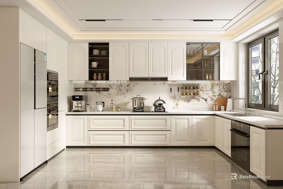 Spacious Modern Kitchen Interior Design With White Cabinets Island And Appliances 3d model 
