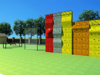 Colorful Outdoor Playground Climbing Wall Equipment With Red Yellow Gray Panels And Green Lawn 3d model