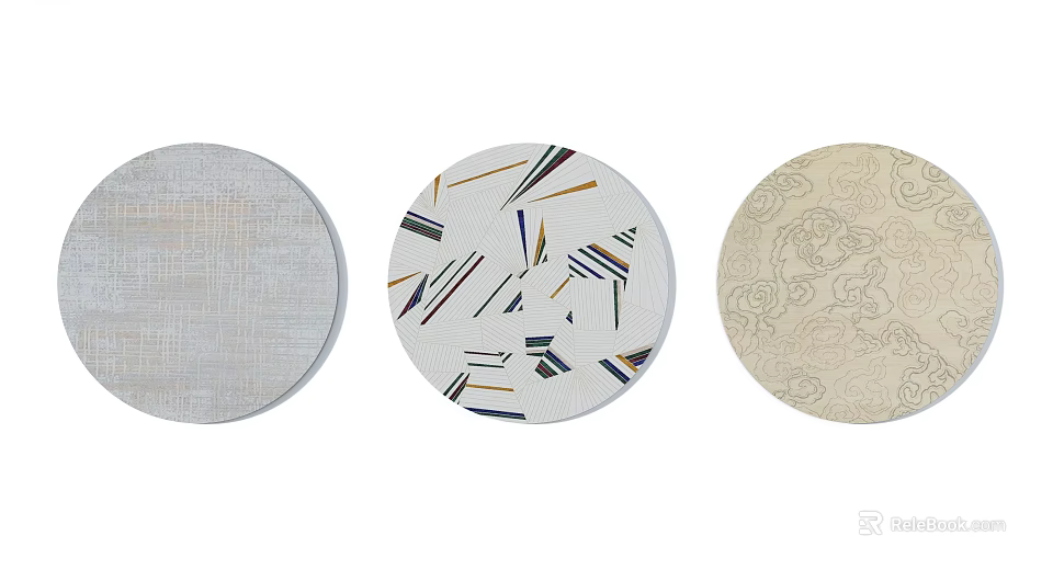 Round Area Rugs With Various Patterns Including Geometric Lines And Floral Designs 3d model