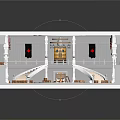 Grand Hall Interior Design With Red Curtains White Columns Chandelier Staircases Circular Pool And Wooden Crates