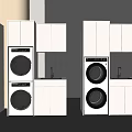 Modern Washing Machine Design With Stacked Units And White Cabinets 3d model