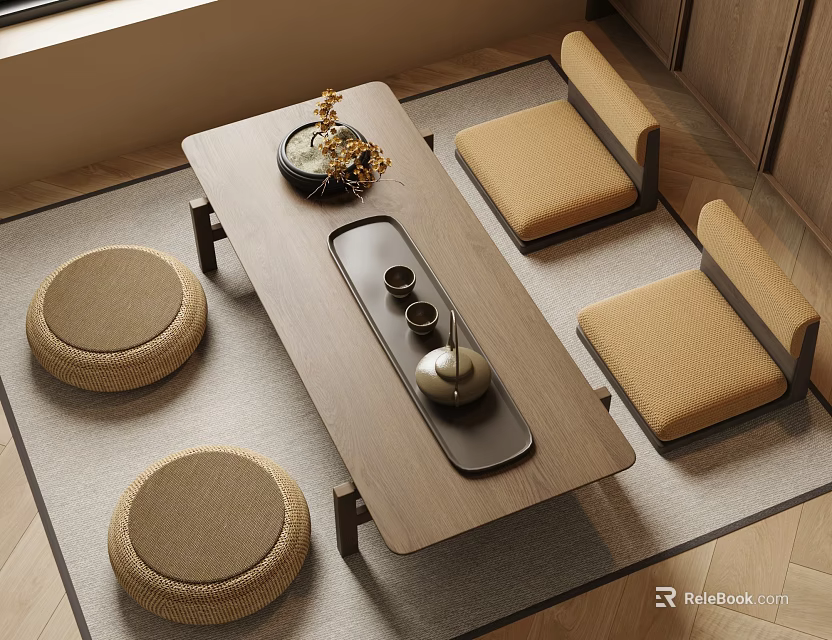 Modern Wooden Tea Table With Cushioned Chairs Round Cushions And Tea Set On Rug 3d model 