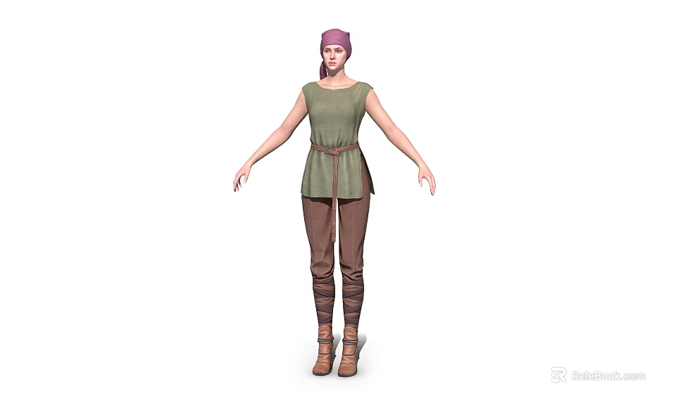 3D Model Woman In Pink Headscarf Green Top Brown Pants Belt And Brown Boots 3d model 