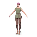 3D Model Woman In Pink Headscarf Green Top Brown Pants Belt And Brown Boots