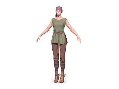 3D Model Woman In Pink Headscarf Green Top Brown Pants Belt And Brown Boots 3d model