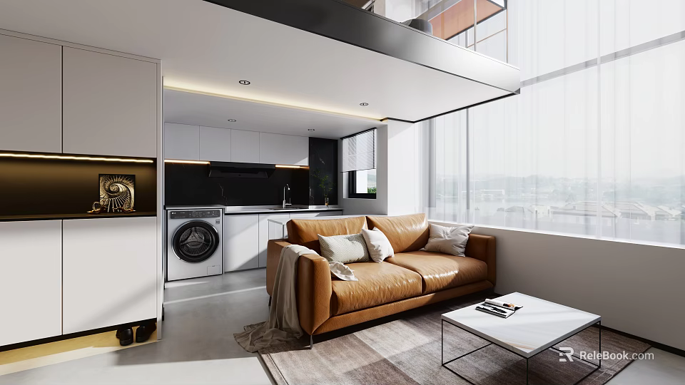 Modern Apartment Interior With Brown Sofa White Coffee Table Open Kitchen And Large Windows 3d model