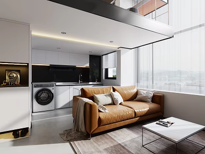 Modern Apartment Interior With Brown Sofa White Coffee Table Open Kitchen And Large Windows 3d model