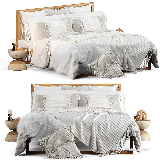 Modern Double Bed With Striped Fringe Bedding Wooden Headboard And Decorative Bowls 3d model 