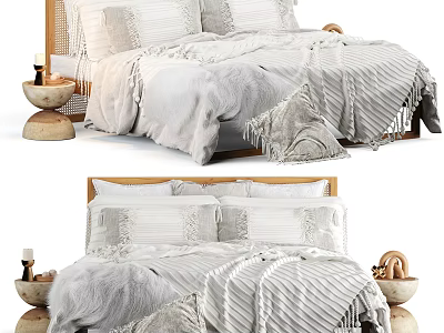 Modern Double Bed With Striped Fringe Bedding Wooden Headboard And Decorative Bowls 3d model