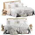 Modern Double Bed With Striped Fringe Bedding Wooden Headboard And Decorative Bowls