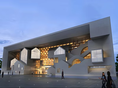 Contemporary Architectural Structure Featuring Geometric Shapes Irregular Windows Evening Sky And Plaza With People 3d model