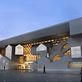 Contemporary Architectural Structure Featuring Geometric Shapes Irregular Windows Evening Sky And Plaza With People