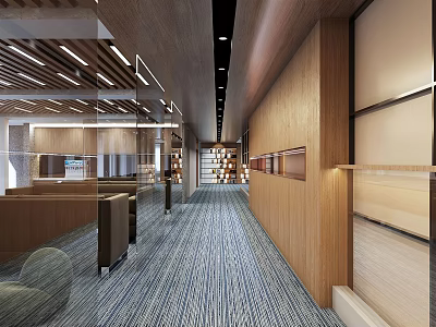 Modern Office Corridor Interior With Wooden Walls Glass Partitions And Ceiling Lights 3d model