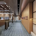 Modern Office Corridor Interior With Wooden Walls Glass Partitions And Ceiling Lights