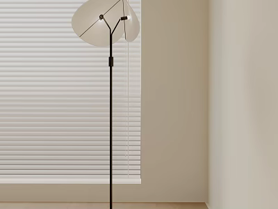 Modern Minimalist Floor Lamp With Dual Lampshades By Light Colored Wall And Window Blinds 3d model