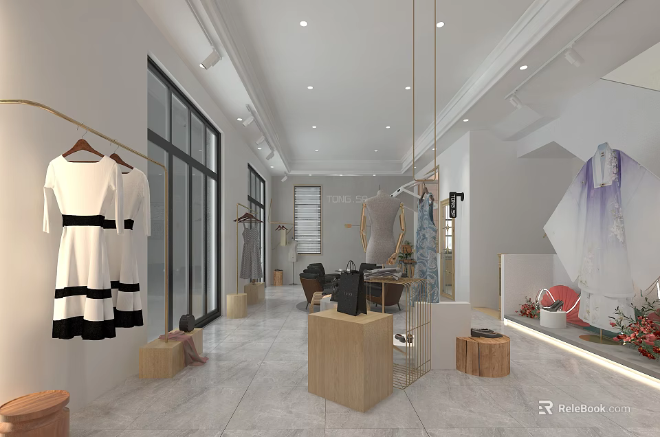 Modern Clothing Store Interior With White Dresses Wooden Displays Large Windows And Mirrors 3d model 
