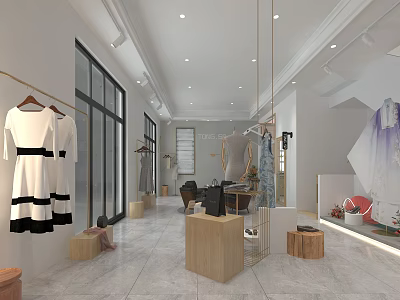 Modern Clothing Store Interior With White Dresses Wooden Displays Large Windows And Mirrors 3d model