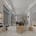 Modern Clothing Store Interior With White Dresses Wooden Displays Large Windows And Mirrors