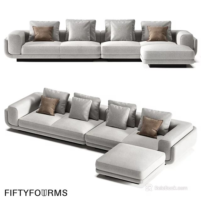 Modern Light Gray Fabric Double Sofa with Brown and Gray Cushions and Ottoman 3d model 