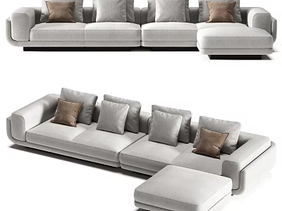 Modern Light Gray Fabric Double Sofa with Brown and Gray Cushions and Ottoman 3d model