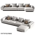 Modern Light Gray Fabric Double Sofa with Brown and Gray Cushions and Ottoman