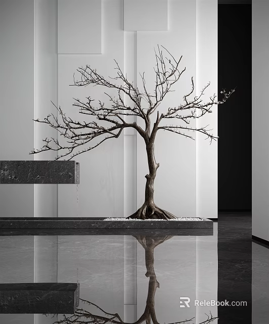 Bare Branched Tree With Exposed Roots Displayed In Modern Interior Space With Pebbles On Floor 3d model 