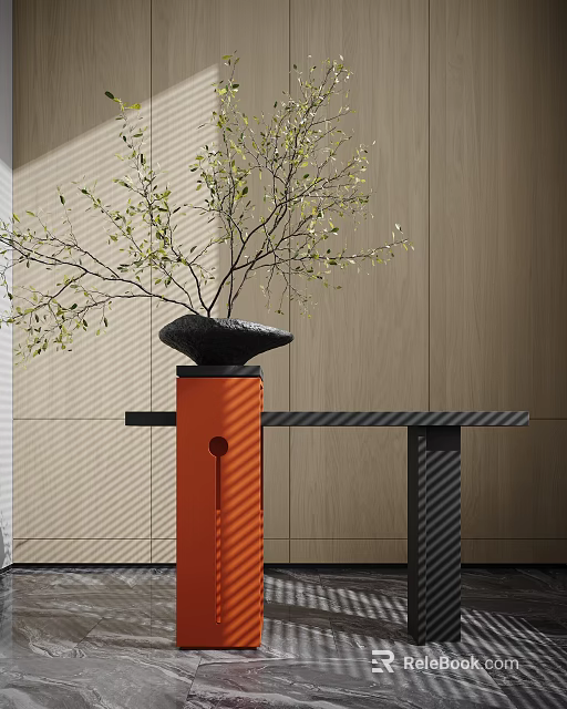 Modern Decorative Ornament Combination With Black Vase Greenery On Orange Pedestal And Light Shadows 3d model 