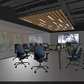 Modern Conference Room With Long Table Blue Chairs Large Screen Colorful Murals And Wooden Decor