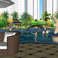 Urban Swimming Pool With Tropical Palms Greenery City View Lounge Chairs And People Recreation