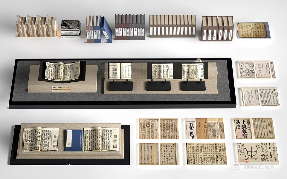 Ancient Books Collection Display With Various Arrangement And Open Books On Shelves 3d model 