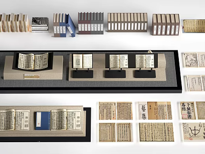 Ancient Books Collection Display With Various Arrangement And Open Books On Shelves 3d model