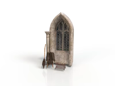 Historic Gothic Building Element With Stone Arched Window Shovel And Ladder 3d model