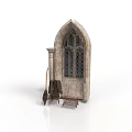 Historic Gothic Building Element With Stone Arched Window Shovel And Ladder 3d model