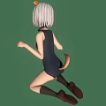 Anime Style Character With Cat Ears Tail And Short White Hair Kneeling On Green Background