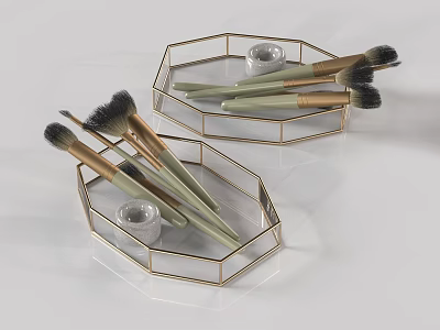 Hexagonal Makeup Brush Trays With Gold Metal Frames And Small Jars 3d model