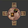 Outdoor Wooden Round Table With Four Chairs Fruit Basket And Wine Glasses