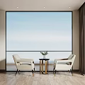 Modern Study Room Interior with Large Windows Curtains Desk Chair Wall Art and Bookshelves
