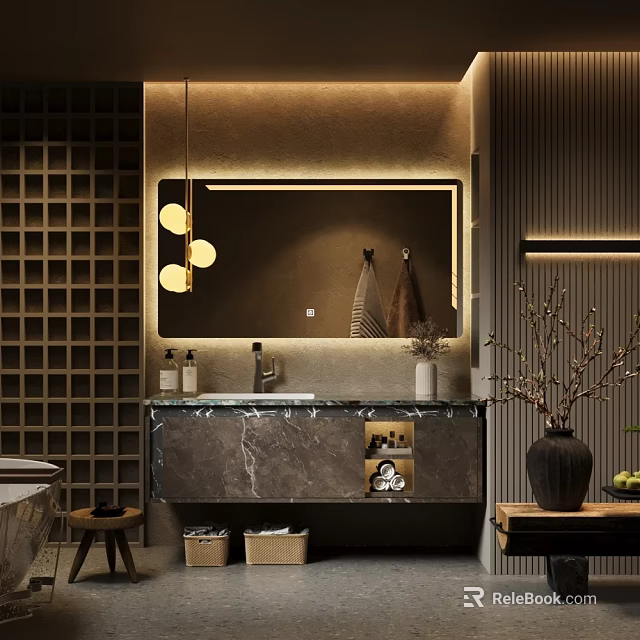 Elegant Modern Bathroom Vanity With Marble Countertop Mirror And Decorative Lighting 3d model 
