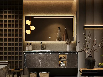 Elegant Modern Bathroom Vanity With Marble Countertop Mirror And Decorative Lighting 3d model